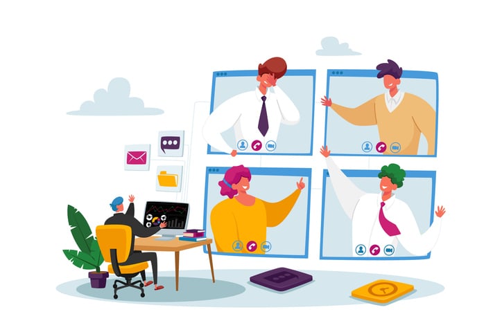 Illustration of virtual meeting with participants on screen and data visuals
