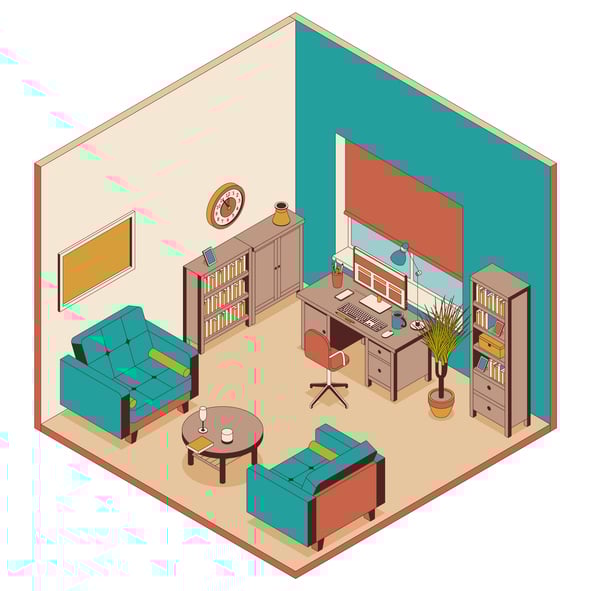Isometric illustration of organized home office with desk, bookshelves, seating area, and decor.