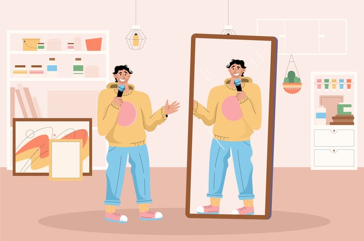 Illustration of a person smiling in front of a mirror while holding a smartphone, symbolizing self-reflection and practice in perfecting attention getters for speeches.