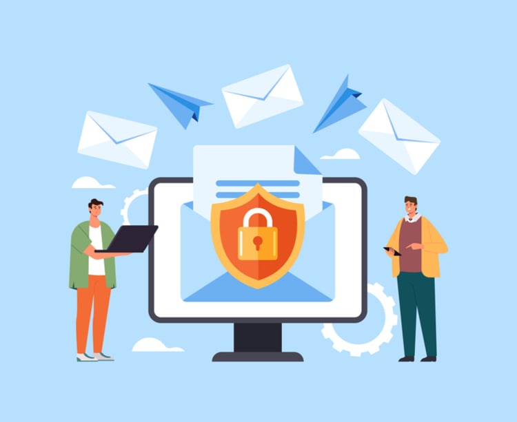 Illustration of suspicious email activity and magnifying glass, symbolizing Business Email Compromise (BEC) attacks and workplace cybersecurity threats.