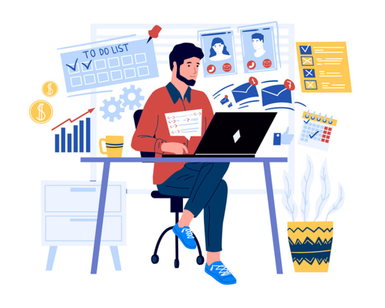 Illustration of a man working at a desk surrounded by charts, checklists, and task management visuals, representing real-world applications of staff monitoring software for productivity, performance tracking, and workflow organization. Let me know if you'd like a version that emphasizes financial oversight, team collaboration, or remote work efficiency.