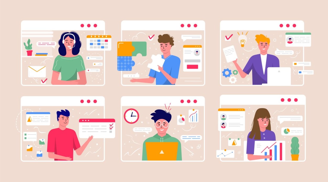 Illustration of diverse professionals collaborating through browser windows with charts, calendars, and checklists.