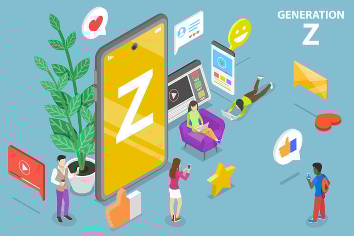 Illustration of Gen Z individuals interacting with smartphones, tablets, and laptops surrounded by social media icons.