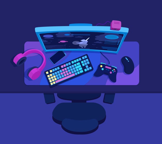Illustration of futuristic gaming setup with space-themed interface, RGB keyboard, mouse, and controller, symbolizing the concept of Spacebar Clicker as a casual browser game focused on rapid key pressing and interactive fun.