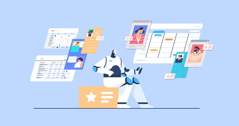 Humanoid robot interacting with digital profiles and scheduling tools, representing AI-powered automation in attendance management and data processing.
