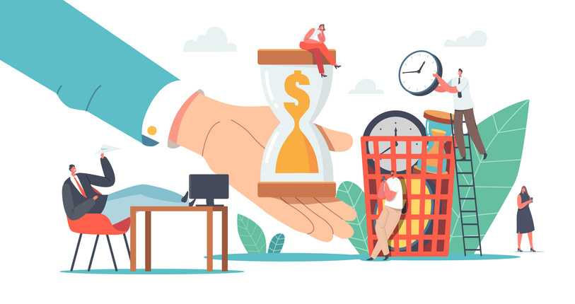 Hourglass with dollar sign and calendar, symbolizing idle time examples across industries and its impact on productivity.