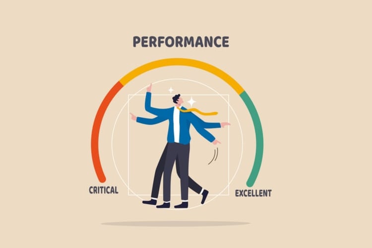 Businessman standing confidently in front of performance gauge, symbolizing performance management and evaluation strategies.