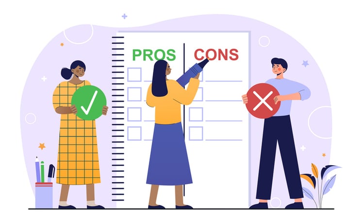 Illustration of team evaluating a checklist labeled 'PROS' and 'CONS'.