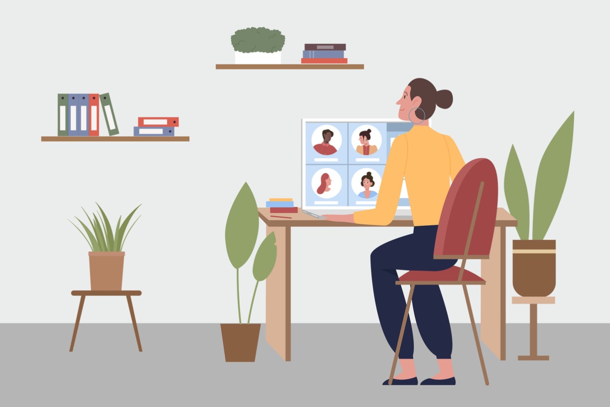 Illustration of a person participating in a video conference with multiple teammates from a home office,