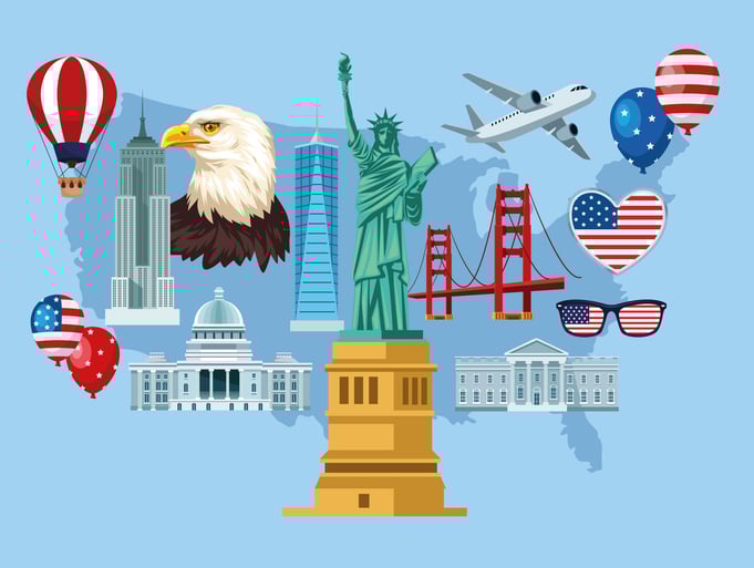 Illustration of iconic American landmarks including Statue of Liberty, Capitol Building, and White House.