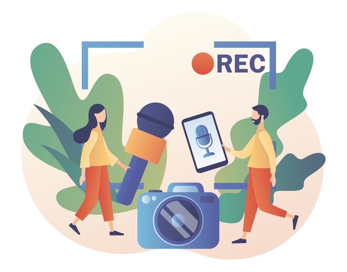 Two creators with microphone and tablet under a “REC” icon, symbolizing screen recording and digital content capture.