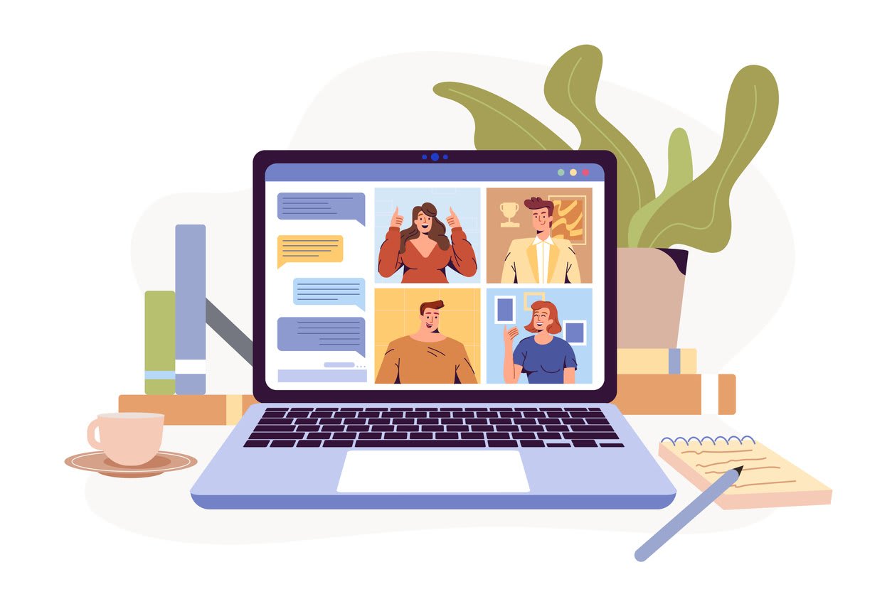 Group of colleagues at the laptop screen holding virtual video conference stock illustration