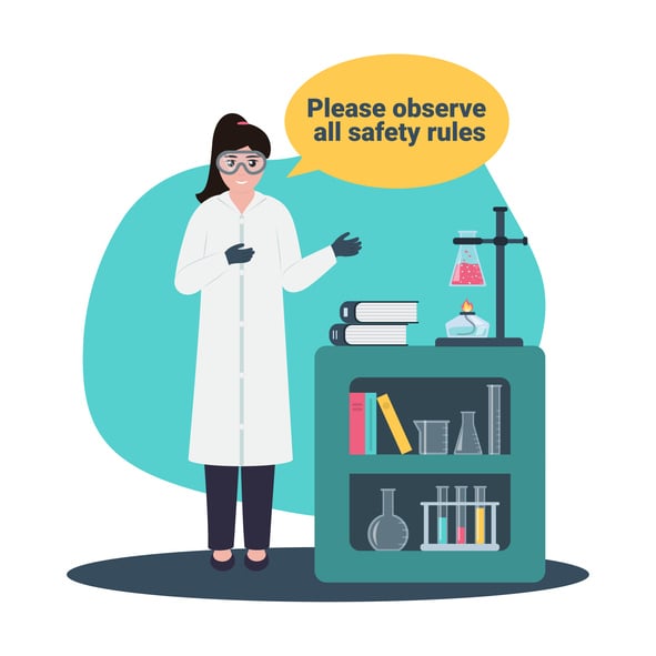 Illustration of a scientist in lab attire standing beside laboratory equipment and a safety sign—representing safety protocols and operational procedures in laboratory and research facility environments.
