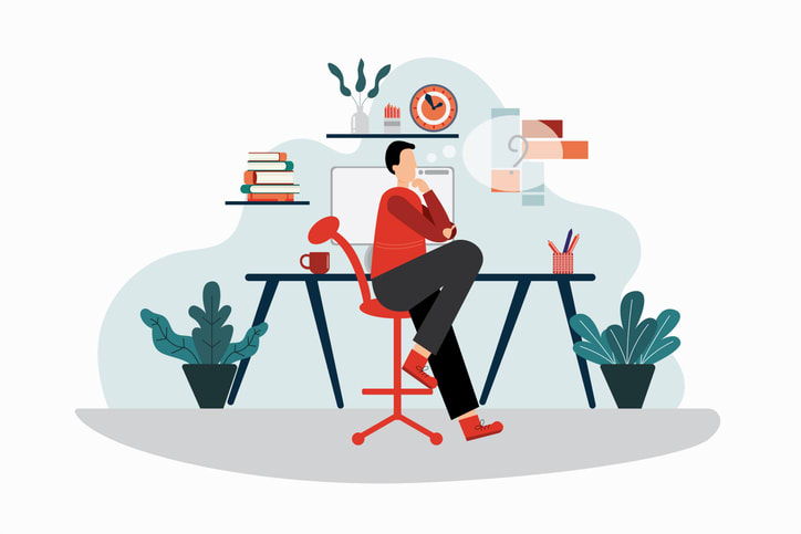 Person thinking at a desk with computer, clock, and office supplies