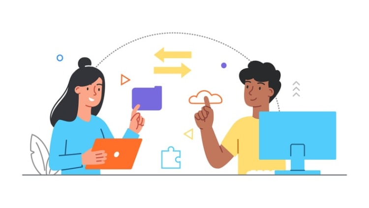 Two people collaborating with tablet and desktop, pointing to cloud and folder icons, representing instant sharing of screen recordings via cloud platforms.