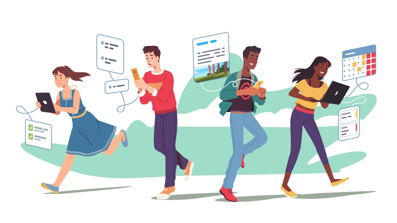 Communication technology concept. People texting, planning, scheduling calendar tasks using mobile cell phone, laptop, tablet app. 