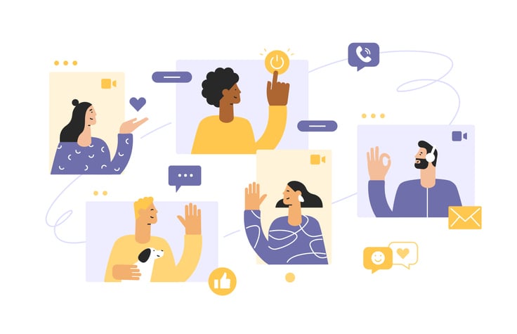 Illustration of diverse users in a video call with icons for chat, ideas, and a visible power button, representing ways to extend Google Meet time limits without upgrading to paid plans.