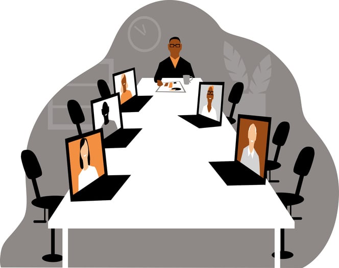 Illustration of a hybrid meeting setup with a long conference table, laptops showing remote participants, and in-person attendees.