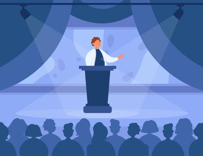 Illustration of a speaker presenting on stage to an attentive audience, symbolizing the importance of attention getters in effective public speaking.