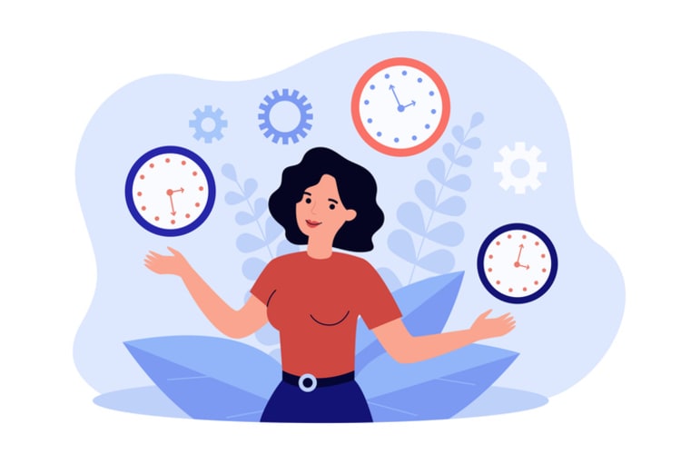 Woman surrounded by multiple clocks and gears, symbolizing choosing the right work timer for productivity, multitasking, and time zone management.
