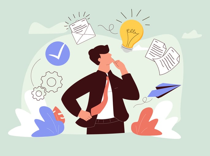 Illustration of a business professional surrounded by icons like light bulbs, gears, documents, and checkmarks.