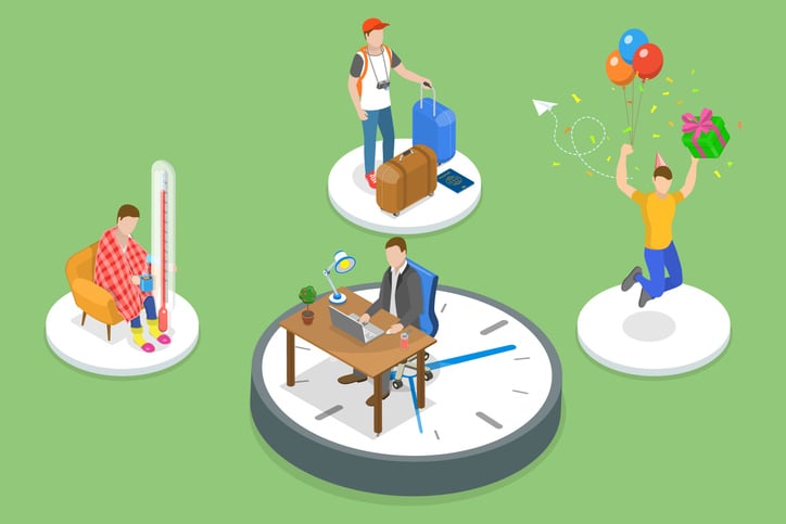 Illustration showing scenes of work, illness, travel, and celebration—symbolizing different types of paid time off (PTO) including vacation, sick leave, personal days, and holidays.