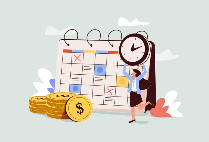 Illustration of person with clock and calendar surrounded by gold coin.