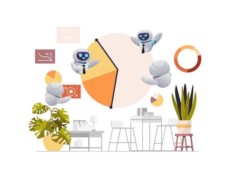 Robots analyzing data charts in an office, symbolizing AI-driven staff monitoring software trends.