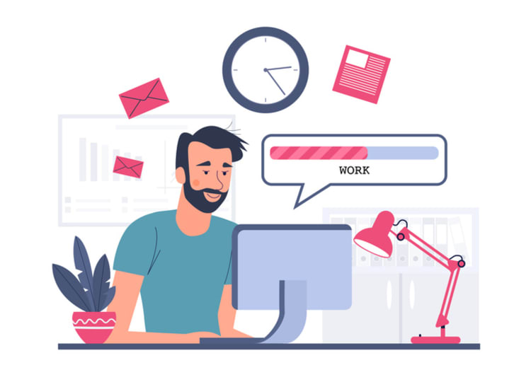 Cartoon-style illustration of a man working at a desk with a computer, progress bar labeled 