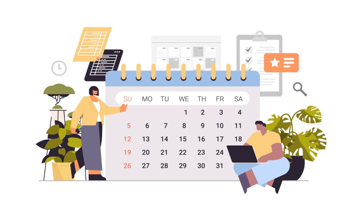 Illustration of two people reviewing a large calendar surrounded by productivity icons.