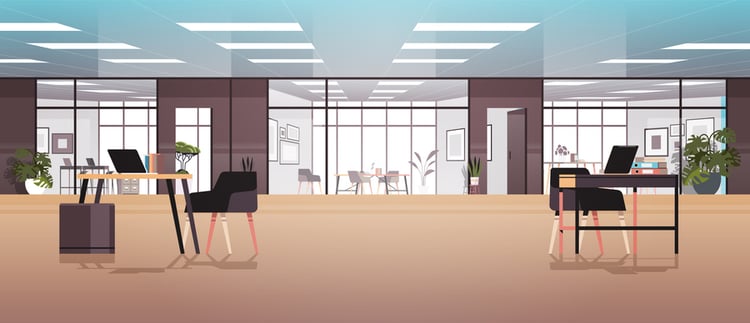 Illustration of modern open-plan office with desks, laptops, plants, and glass-walled meeting rooms, symbolizing different types of coworking spaces including hot desks, private offices, and collaborative zones for remote professionals and startups.