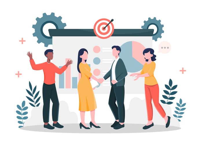 "Team collaborating in front of presentation board with charts and target icon, symbolizing the main goals of daily stand-up meetings including progress tracking, alignment, and goal setting in agile project management.
