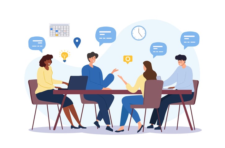 Illustration of four team members seated around a table with icons for ideas, time, location, and communication.