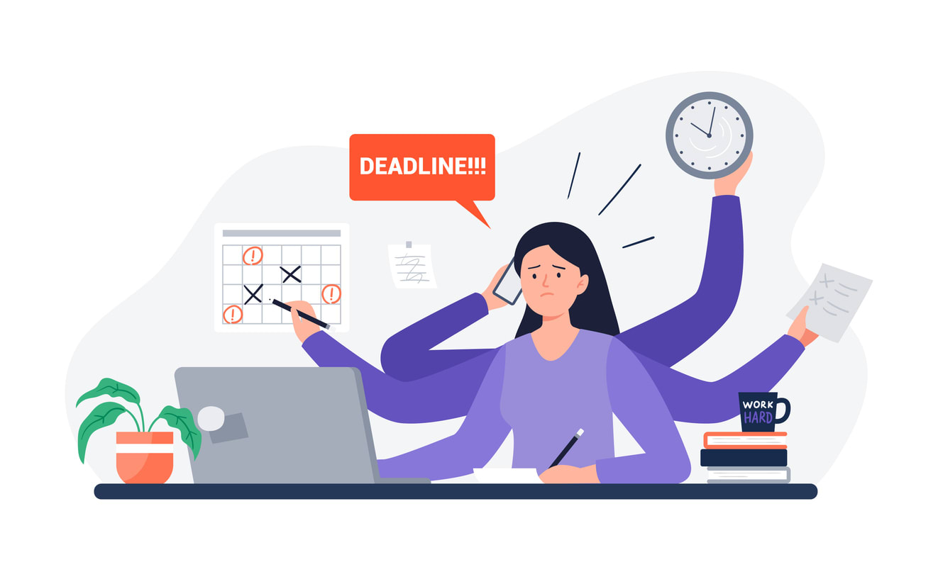 A tired woman missing deadline. An office worker overwhelmed by work, reports, and calls.