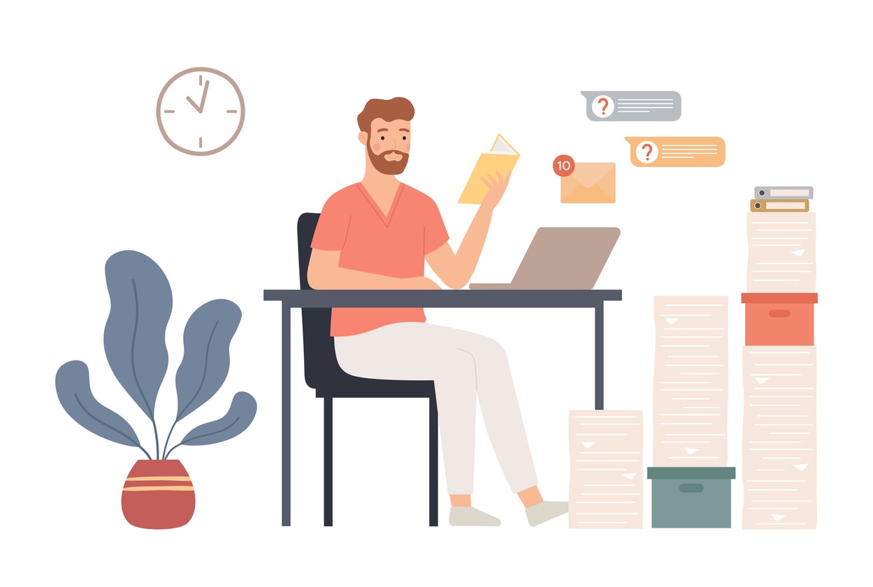 Illustration of office worker surrounded by paperwork and digital notifications, holding a folder while working at a laptop.