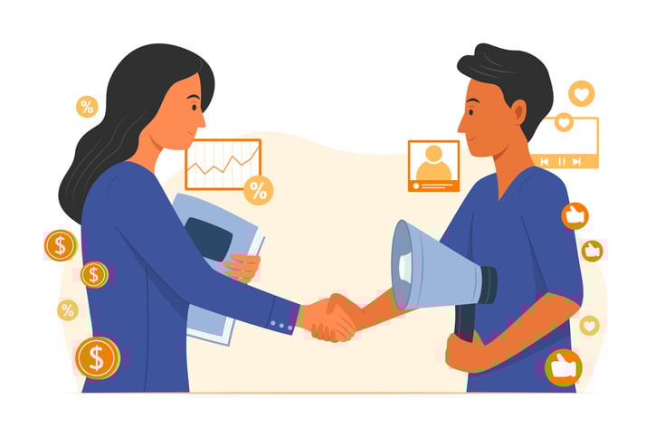 Illustration of two professionals shaking hands surrounded by icons for social media, analytics, and finance.