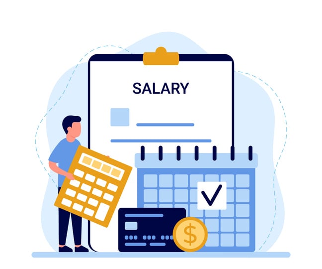 Illustration of person holding calculator beside salary clipboard and calendar.