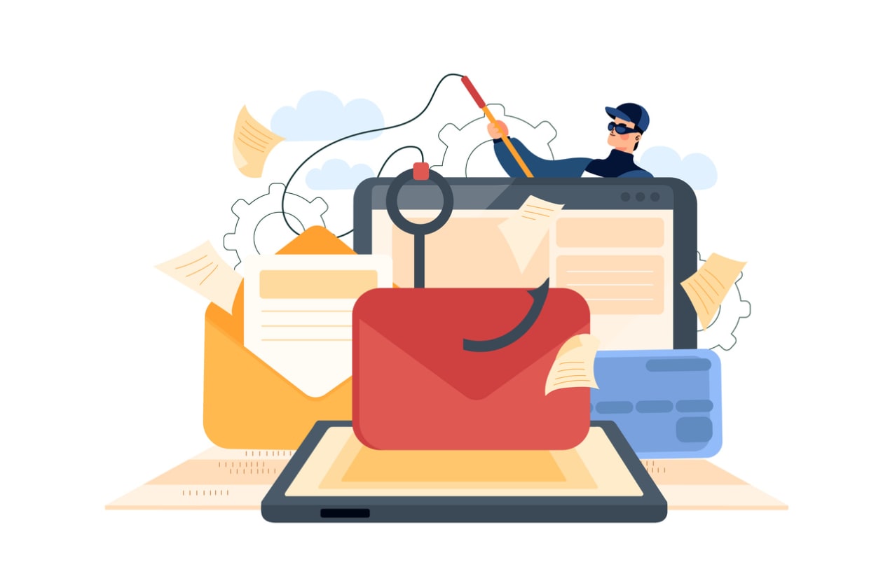 Illustration of a cybercriminal using a fishing rod to steal digital data from a tablet, symbolizing phishing attacks and email scams.