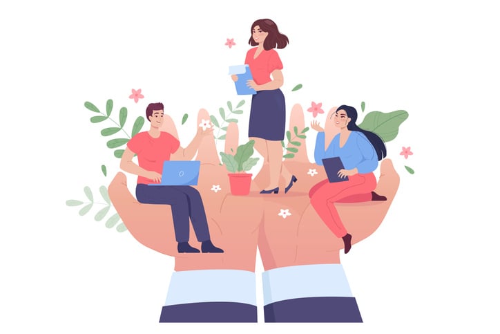 Illustration of supportive hands holding individuals engaged in work, reading, and professional growth.