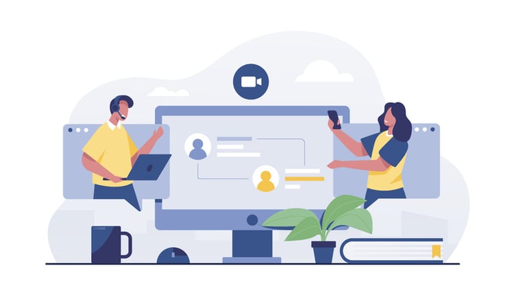 "Illustration of two people engaging in a video call via laptop and smartphone, with chat bubbles and video icons