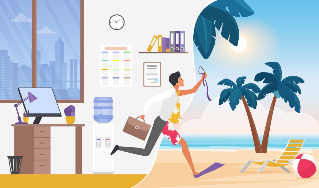 Illustration showing a person transitioning from office to beach, with split scenes of workplace and vacation—symbolizing the concept of paid time off (PTO), work-life balance, and employee wellness.