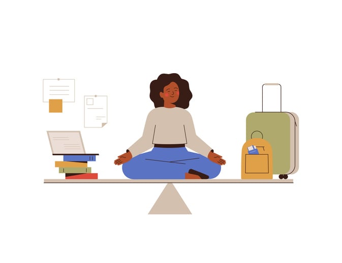 Illustration of a person meditating on a balanced scale with work items on one side and travel gear on the other—symbolizing the importance of work-life balance, mindfulness, and managing professional and personal priorities.