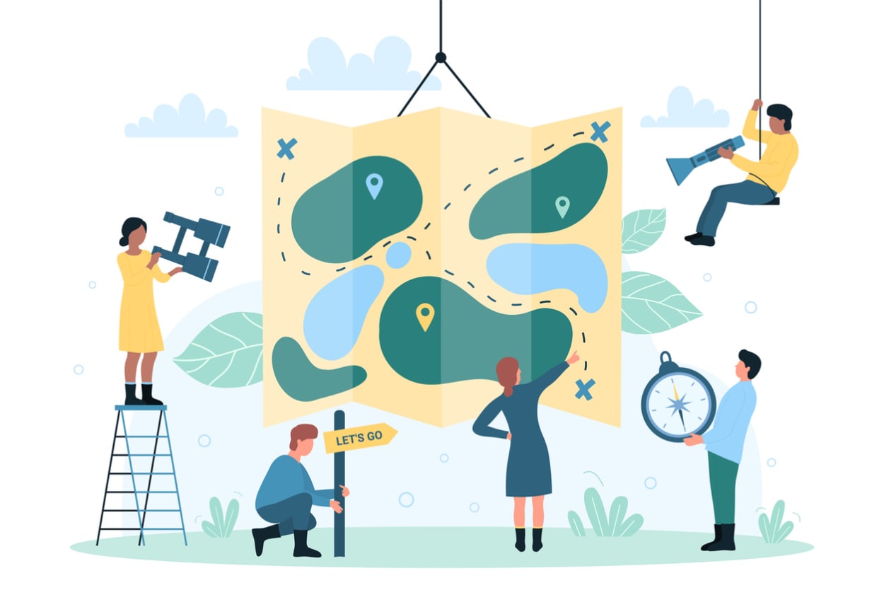 eam exploring a stylized map with location markers, compass, and telescope, symbolizing visual product roadmap templates and collaborative planning exercises for strategic development.