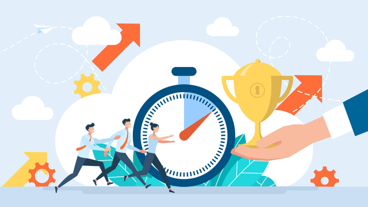 Business team racing toward a trophy beside a stopwatch, symbolizing time tracking, productivity, and workplace success.