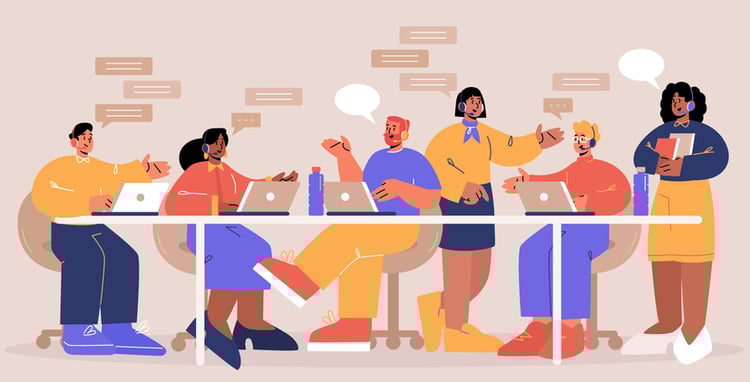 Illustration of professionals gathered around a shared table with laptops and speech bubbles.