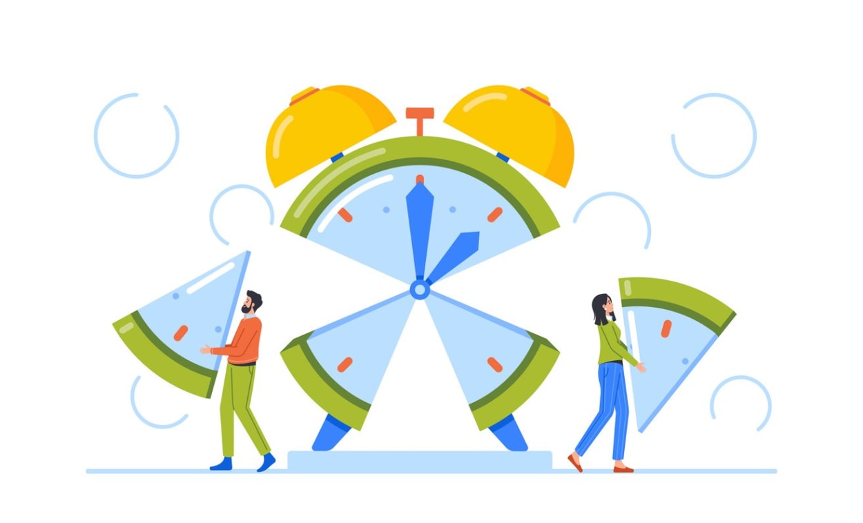 Illustration of people managing segmented clock pieces, symbolizing time theft, task tracking, and preventing stolen time at work.