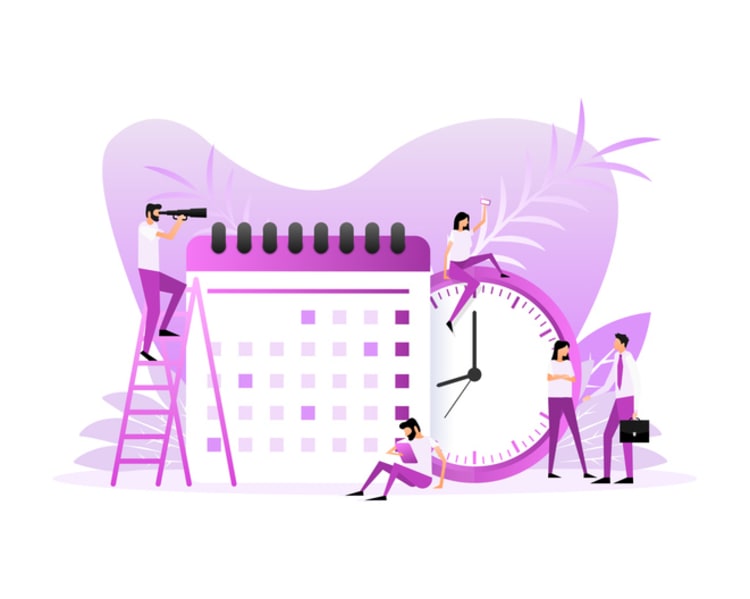 Illustration of people managing schedules with a large calendar and clock, symbolizing simplified work hours calculation and efficient time tracking using a time card calculator.