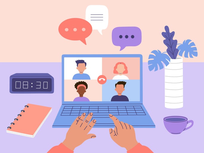 Illustration of hands typing on a laptop during a four-person video call, with speech bubbles and desk accessories.