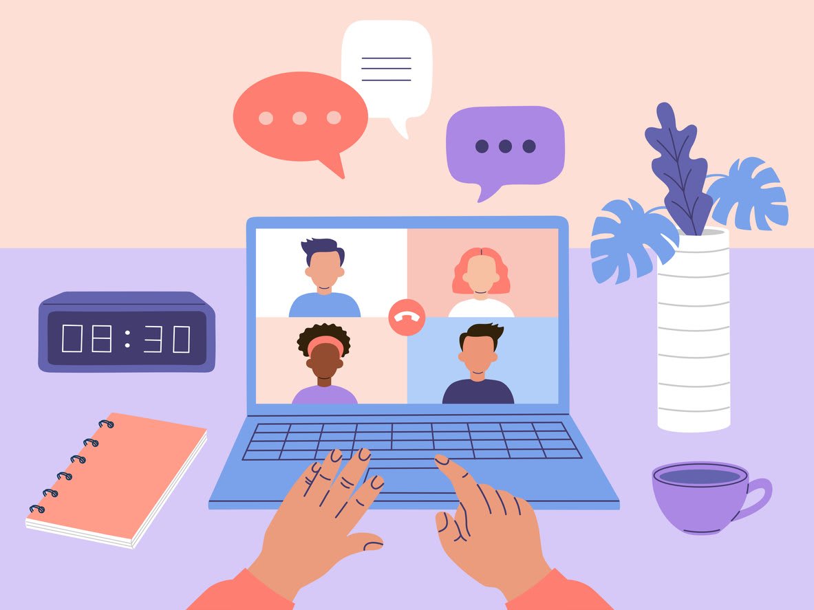 Virtual meeting scene with a laptop and digital clock reading 08:30, highlighting time constraints