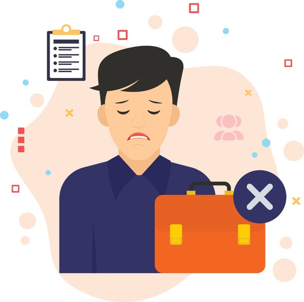 Illustration of a sad professional with a briefcase and rejection symbol.